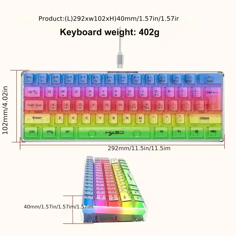 61-key fully transparent wired gaming keyboard with RGB backlight, ergonomic design, portable and ultra-compact 60% mini film keyboard