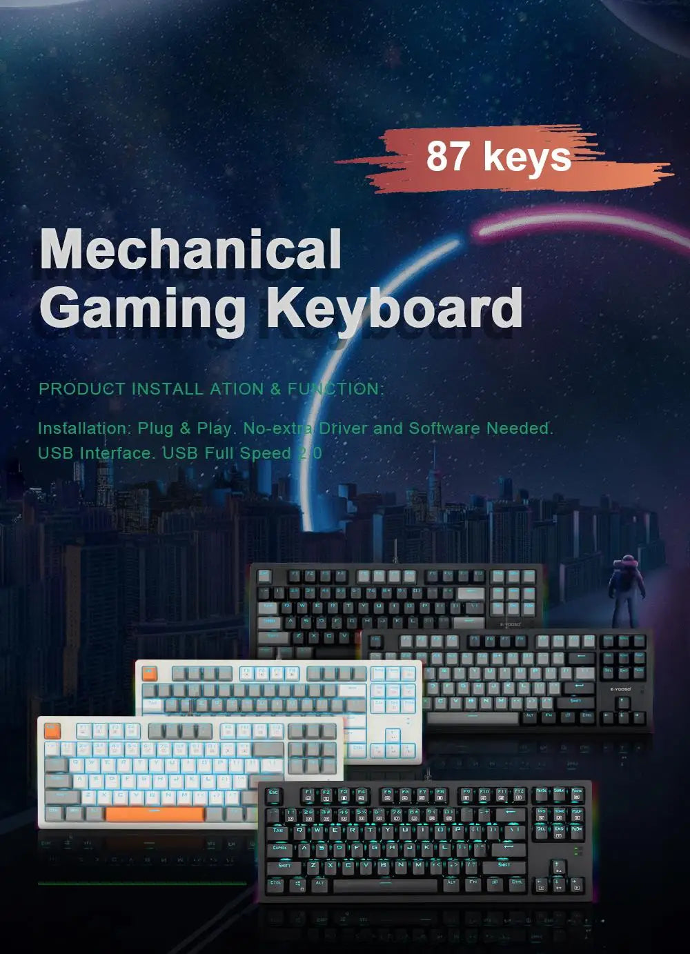 E-YOOSO K620 USB Mechanical Gaming Keyboard Wired Blue Red Switch Monochrome LED Backlit 87 Key for Computer Laptop PC