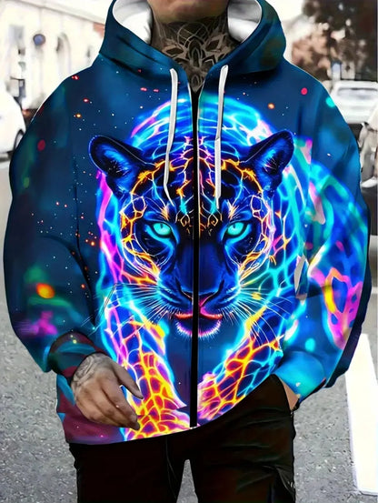 2025 Men's Long Sleeve Zip-up Tiger Graphic Hoodie Casual Outdoor Fashion Coat with Drawstring and Pockets Zip-up Hoodie for Men