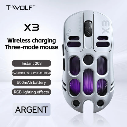 2026 Hollow-out Design Lightweight Computer Game Accessories 3-Mode Bluetooth Wireless Mouse Laptop Rechargeable RGB Backlight