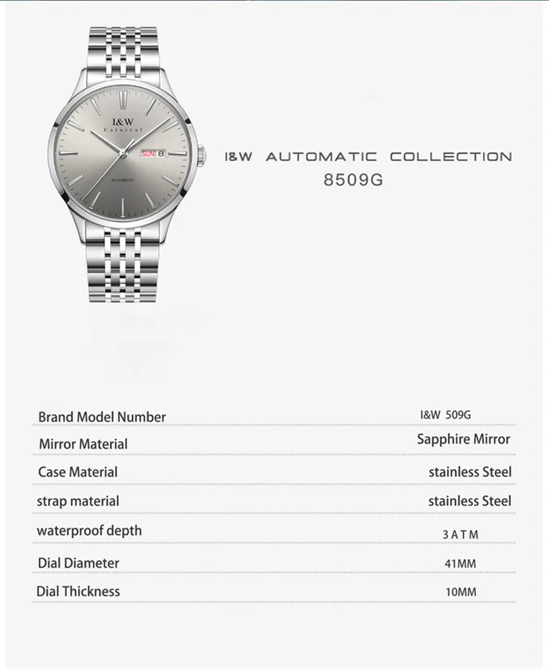 Carnival High-end Series I&W Brand Automatic Mechanical Watches Men Waterproof Watches 316L Steel Sapphire Business Men's Watch