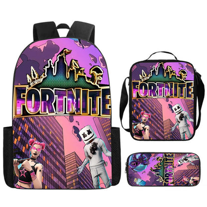 Fortnite Cartoon 3-teiliges Set, großes Fassungsvermögen, geeignet für Jungen und Mädchen von 5-8 Jahren, inklusive Rucksack, Lunchbag und Federmäppchen