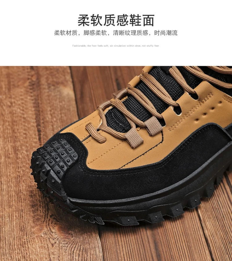 Black And Tan Mid Top Hiking Boots Suede And Leather Platform Sneakers Non Slip Outdoor Casual Shoes With Rugged Sole For All