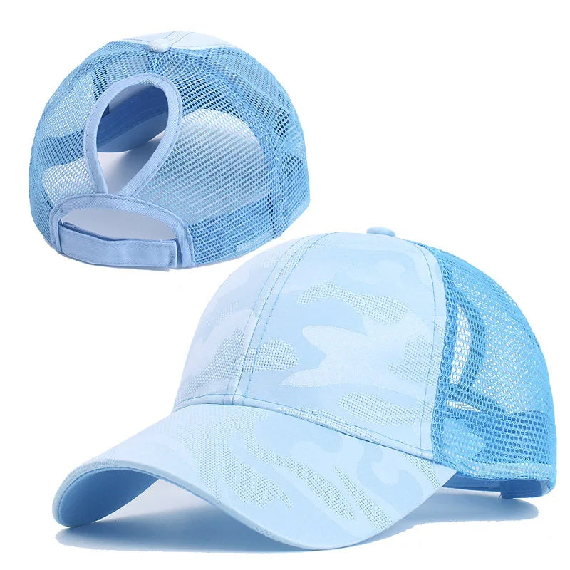 1pc Outdoor Camo Mesh Baseball Cap for Women Adjustable Ponytail Snapback Lightweight Sun Hat for Female Runners Hikers