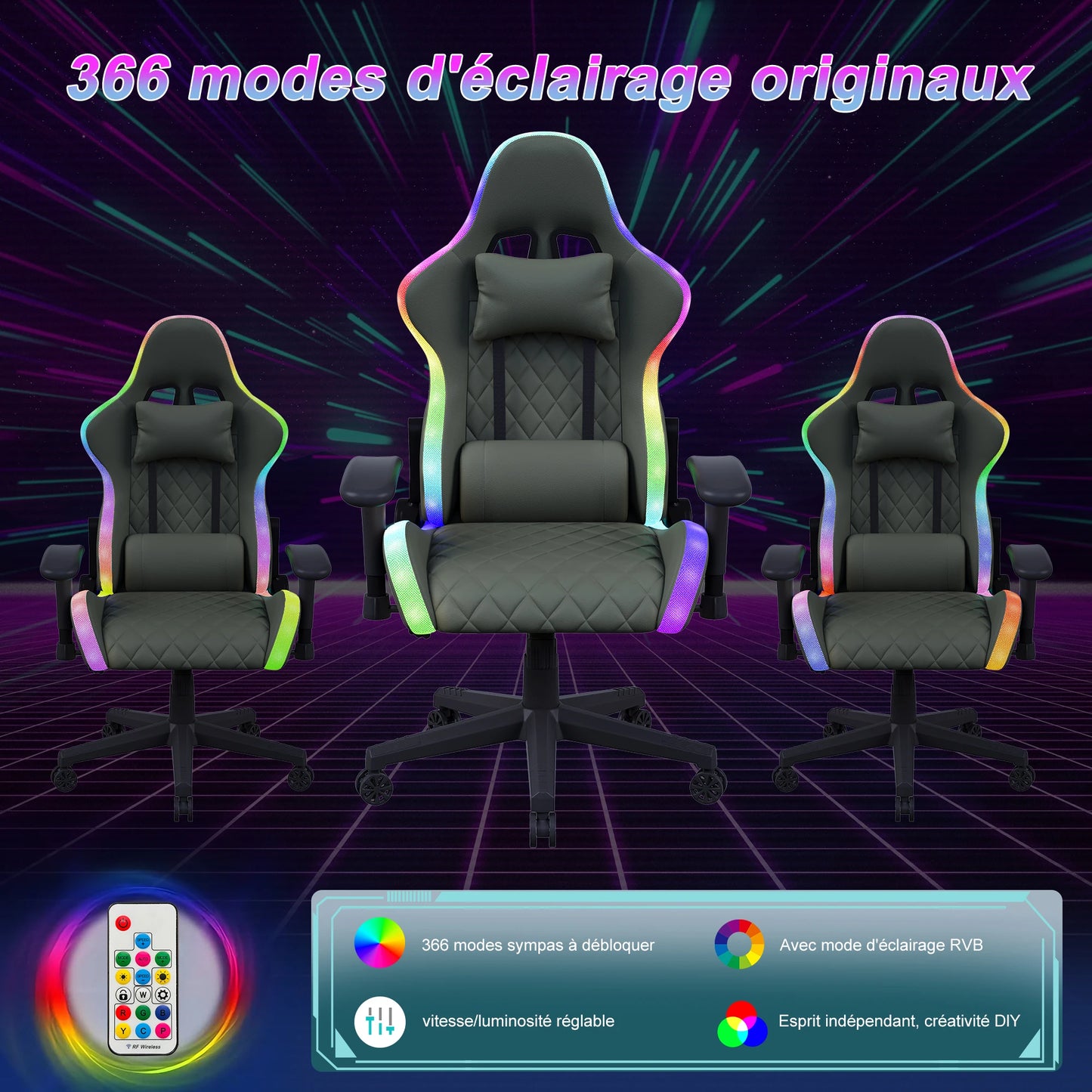 Rosahqnda Gaming Chair with Massage Function, Adjustable backrest,Computer Chair,with ambient light,Lumbar Cushion, Pillow,150 KG