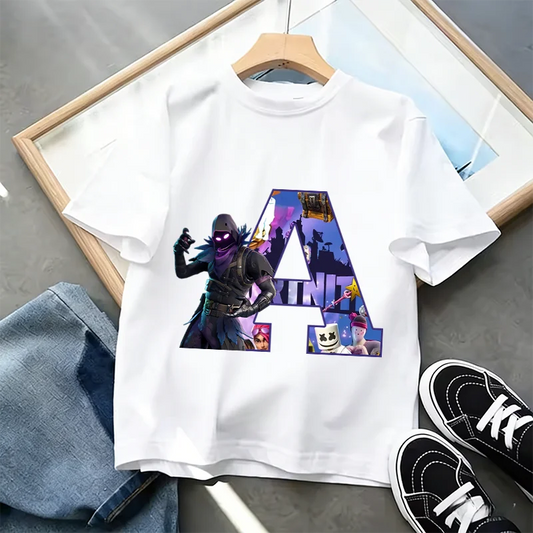 Fortnite A-Z Alphabet Print T-Shirt für Kinder, Sommer, weiß, beliebtes Cartoon-Game-Shirt, modisches Casual-Kurzarmtop, Geschenk