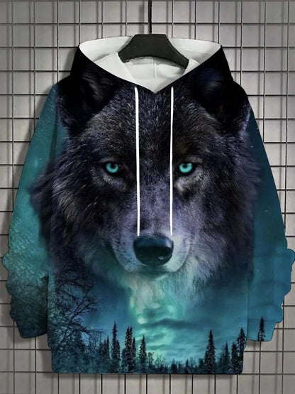 2025 Herren-Herbstmode: bequemes, weiches Kapuzen-Sportshirt mit Wolf-Print für Outdoor, City und Streetwear