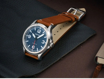 Milifortic Military Watch 39mm NH38 Automatic Mechanical Movement Retro Sapphire Crystal BGW9 Lume Leather Strap 10Bar Watch Men