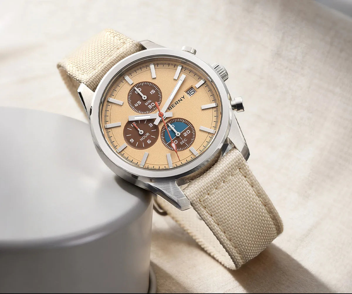 BERNY Chronograph Watch for Men/Women 37mm Dial Woven Fabric Sapphire AR Coated 5ATM Fashion Sport Calendar 316L Couple Watch