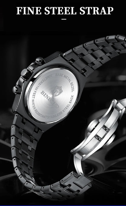 BINBONG B0161 Top Brand Man Business Quartz Watch Chronograph Wristwatch Stainless Steel Strap 30M Waterproof Luxury Men Watch