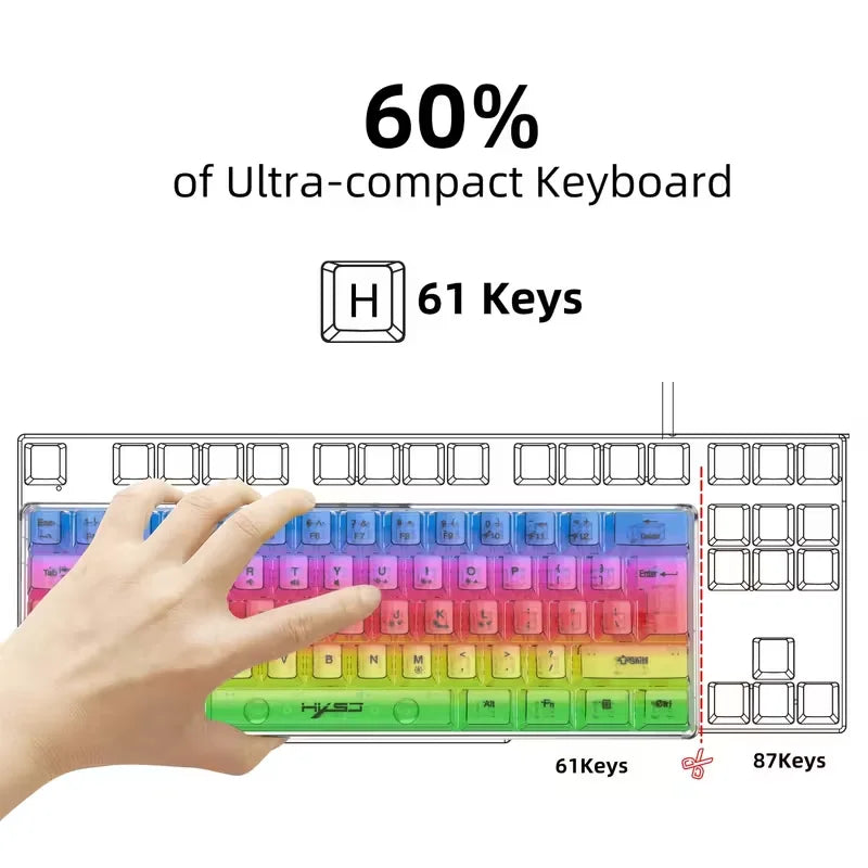 61-key fully transparent wired gaming keyboard with RGB backlight, ergonomic design, portable and ultra-compact 60% mini film keyboard