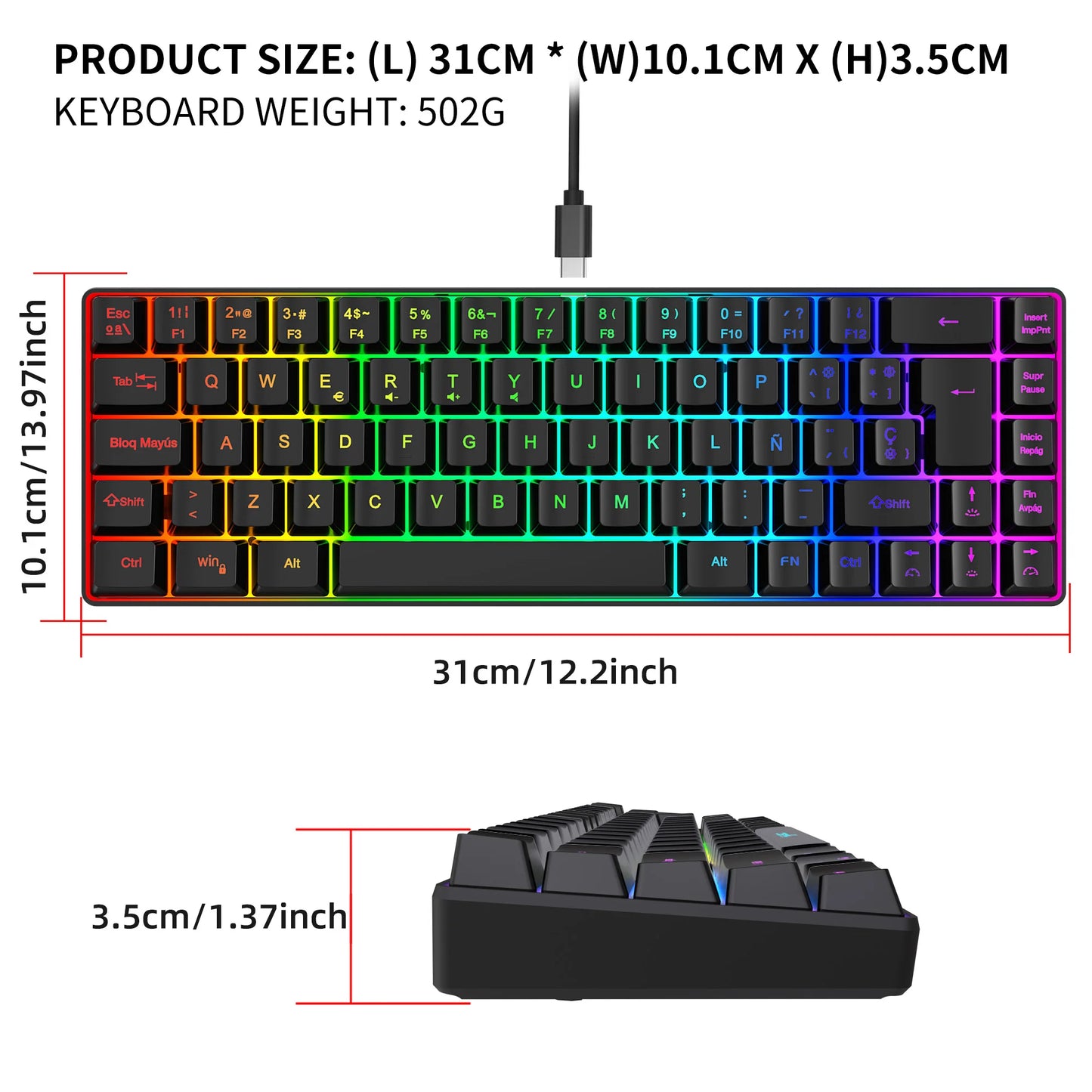 Hot Sale! Spanische kabelgebundene Gaming-Tastatur mit 69 Tasten und RGB-Hintergrundbeleuchtung, kompaktes 68%-Design, ein unverzichtbares Gadget für Büroangestellte und Gamer