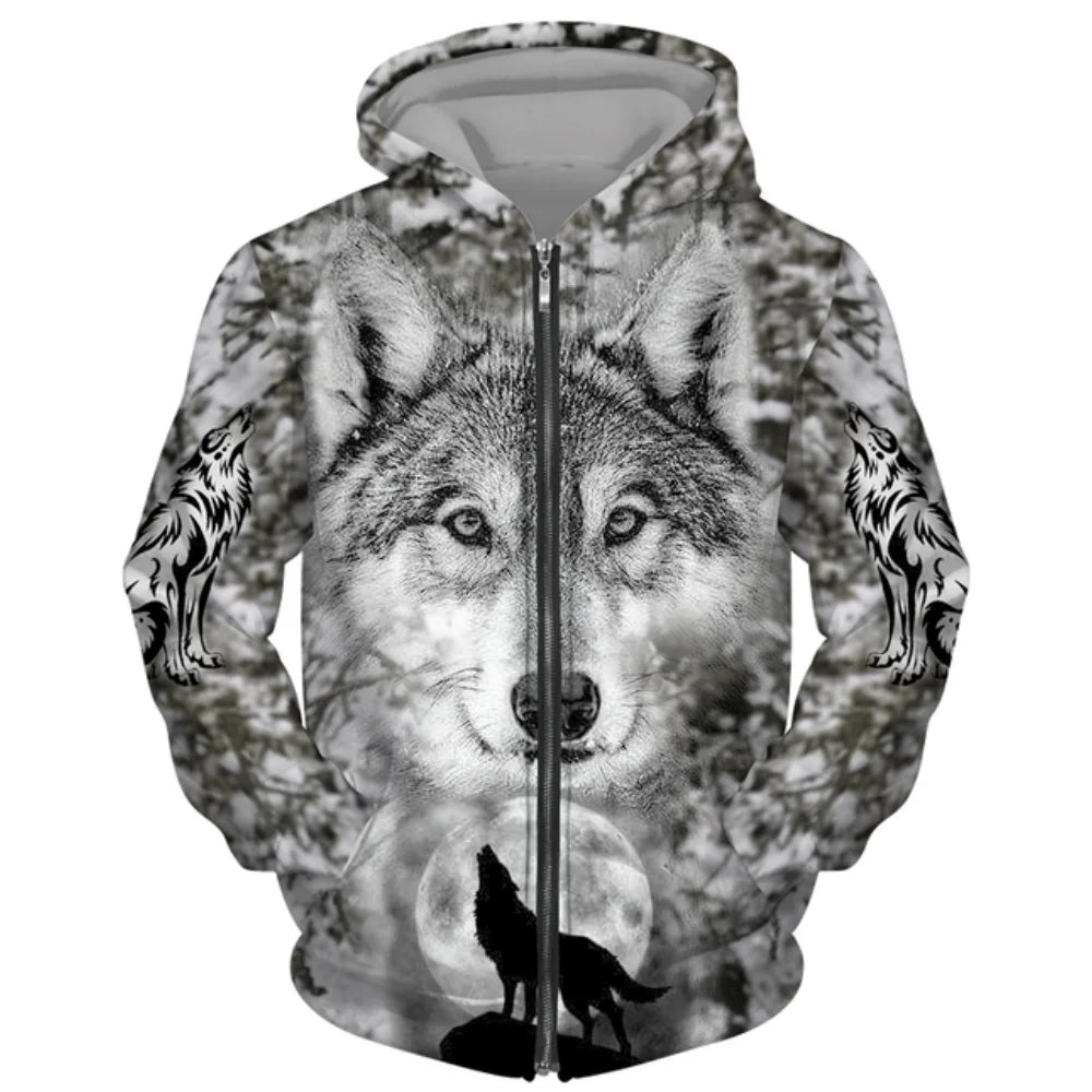 3D Wolf Print Men's Zipper Hoodies Fashion Animal Pattern Top Coat Street Punk Style Oversized Sweatshirts Outdoor Leisure Jackets