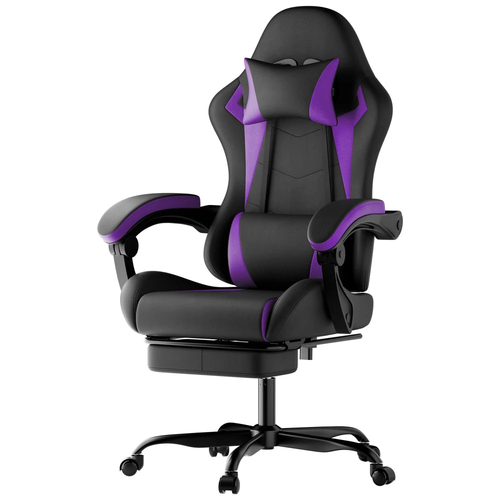 Gaming Chair Ergonomic Gaming Chair with Lumbar Pillow and Headrest, Gamer Chair Height Adjustable, PC Chair for Adults Girls Boys, Black Purple