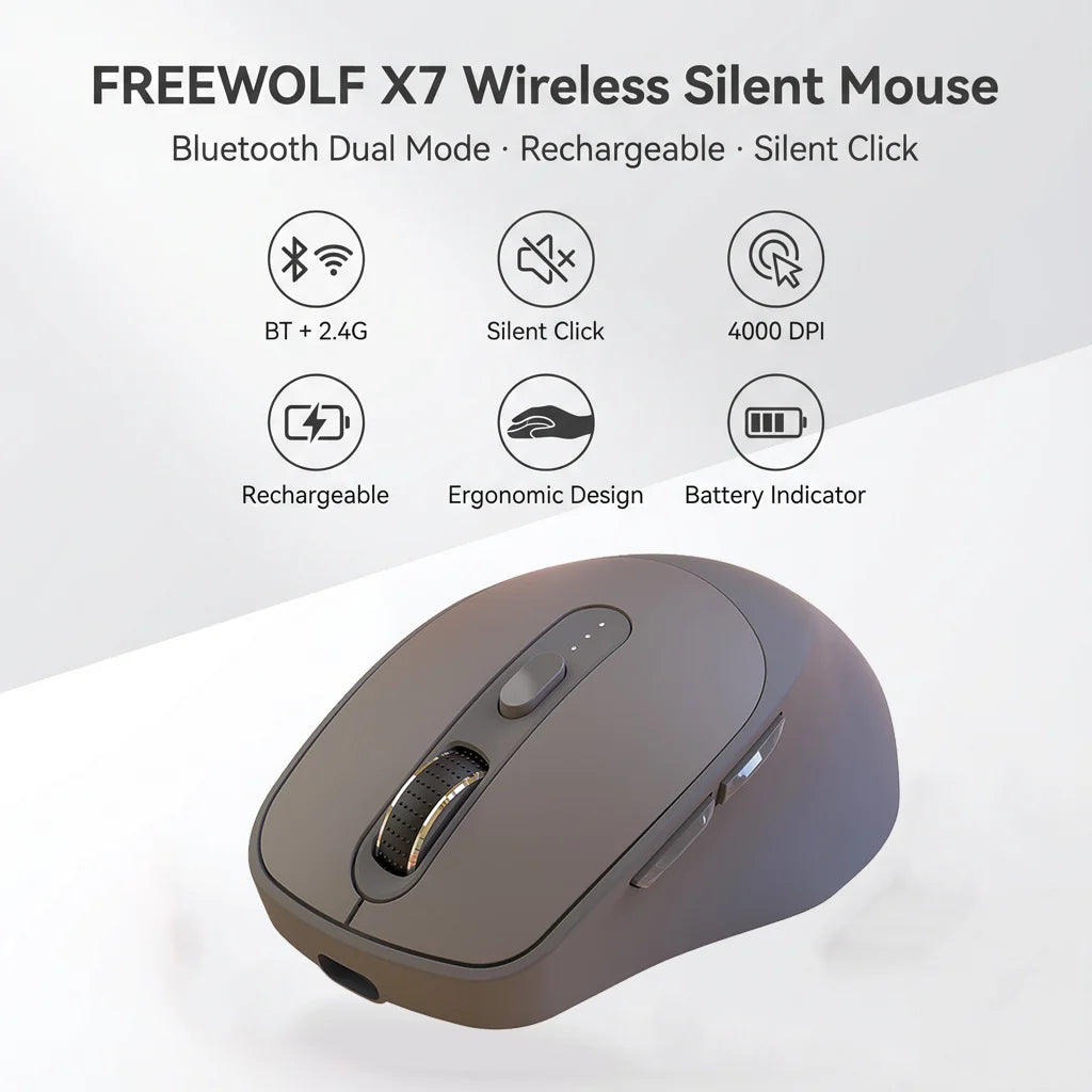 Ratón inalámbrico FREEWOLF X7 Bluetooth 2.4G de modo dual, silencioso, recargable, 4000DPI, con indicador de batería, ergonómico para PC, Mac y portátil