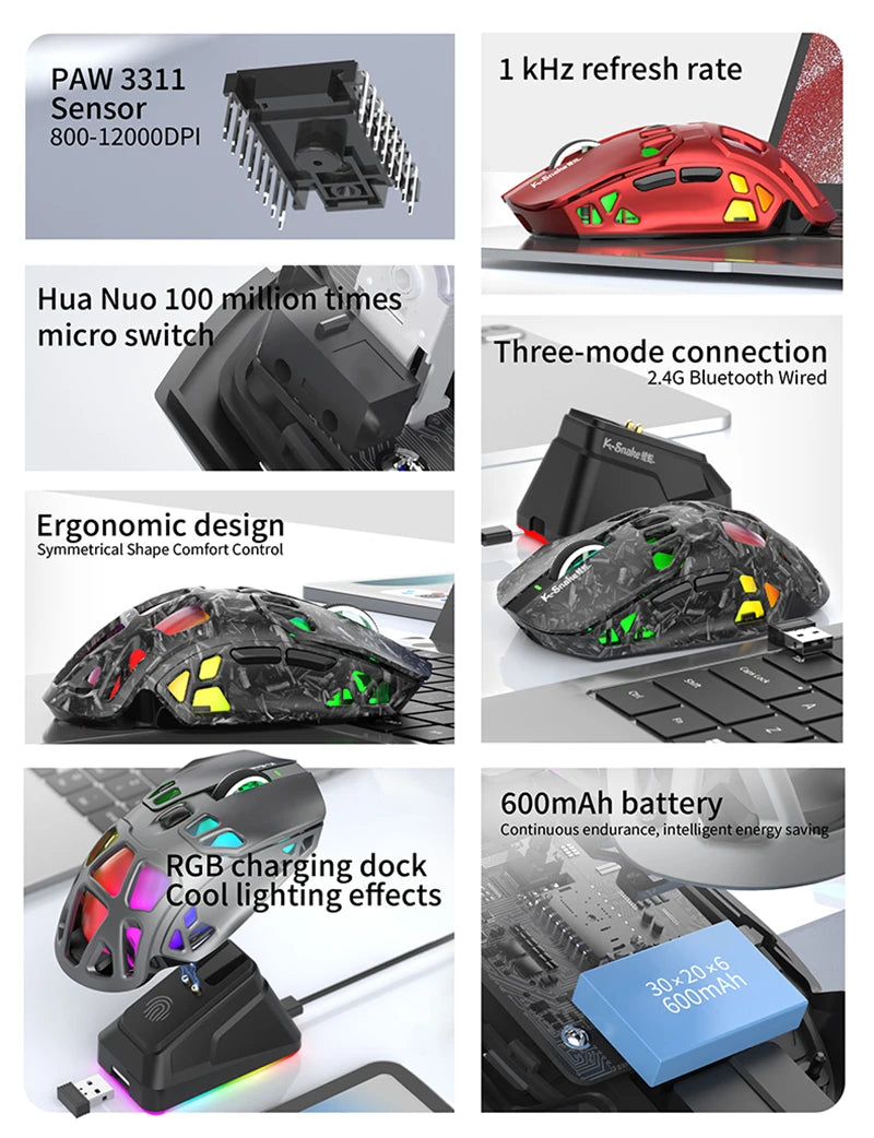 Lenovo Tri-Mode Lightweight Gaming Mouse with RGB Charging Dock 12000DPI 2.4G/Bluetooth/Wired Ergonomic Mouse for PC Laptop