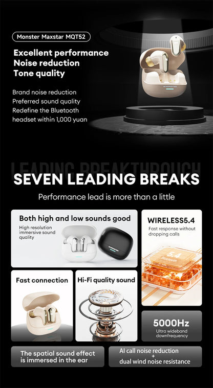 Monster MQT52 Wireless Bluetooth 5.4 Earphones Long Battery Life Gaming Headphones Dual Mode HIFI Stereo Sound Headset With Mic