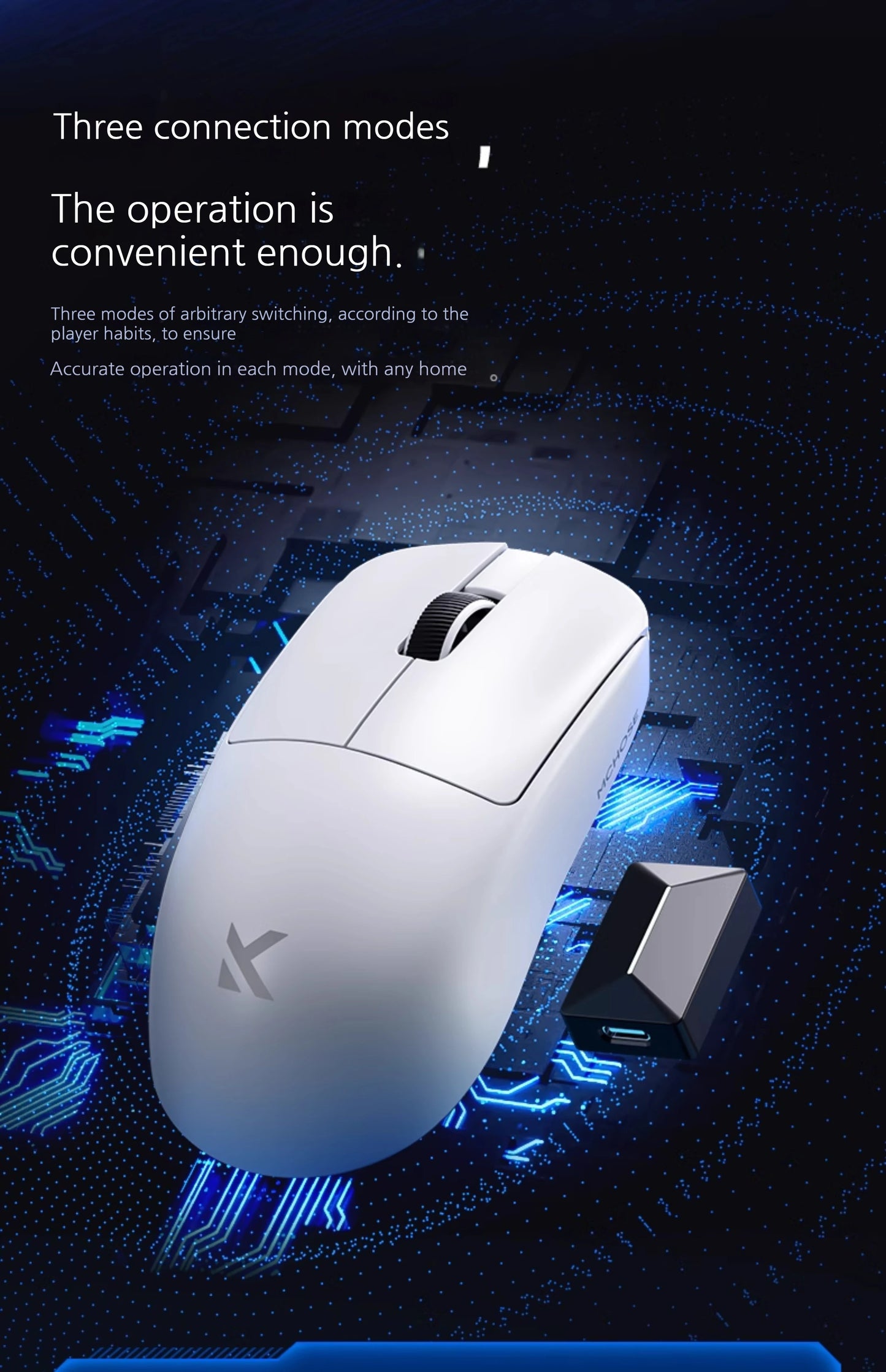 MCHOSE L7 Ultra+ vidutinė–didelė delninė žaidimų pelė, e. sportui, Paw3950, belaidė, trijų režimų, lengva, biuro, dvigubos pavaros kompiuterio pelė