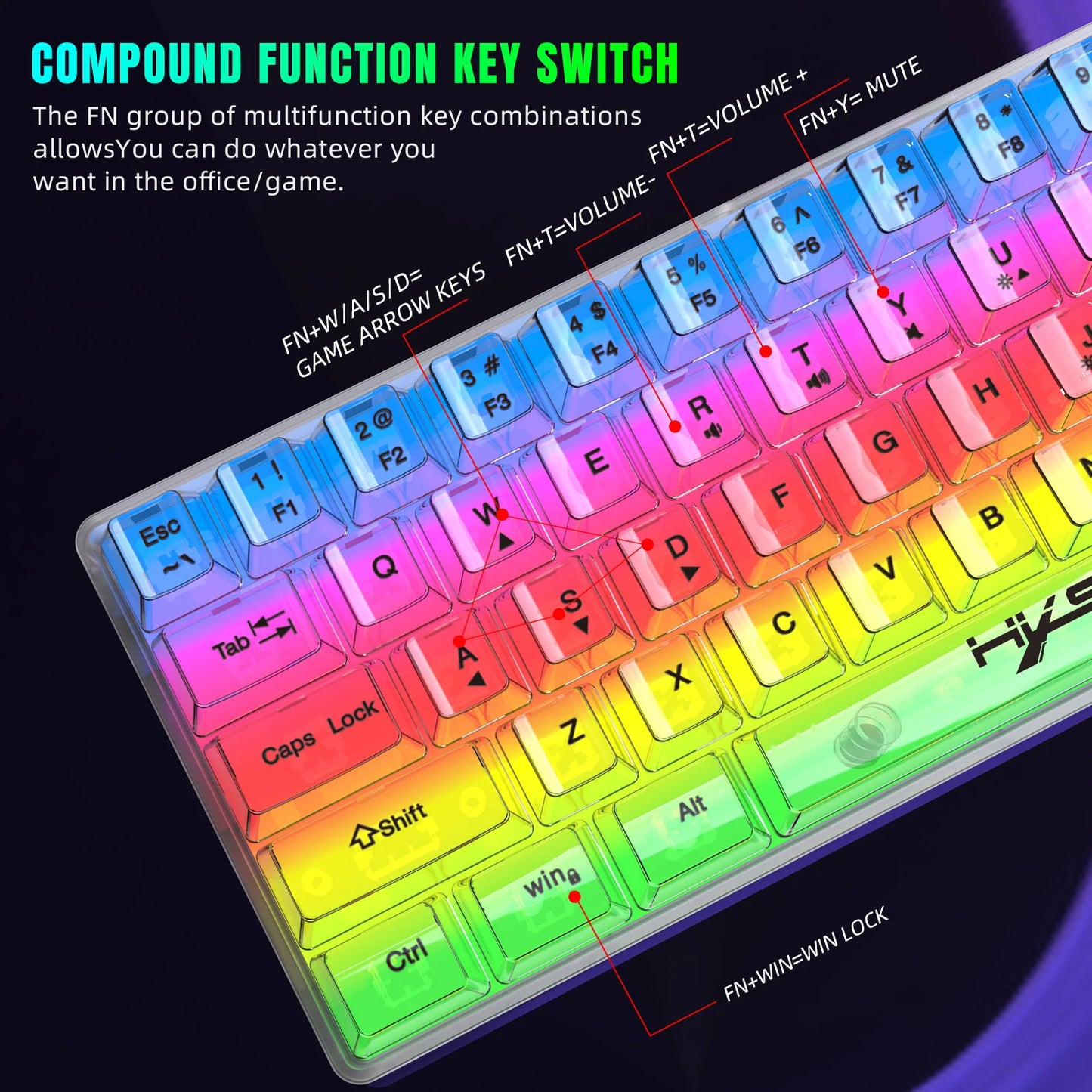 Tastiera gaming trasparente cablata HXSJ 60%, retroilluminazione RGB, ultra-compatta, impermeabile, 61 tasti, per PC/Mac