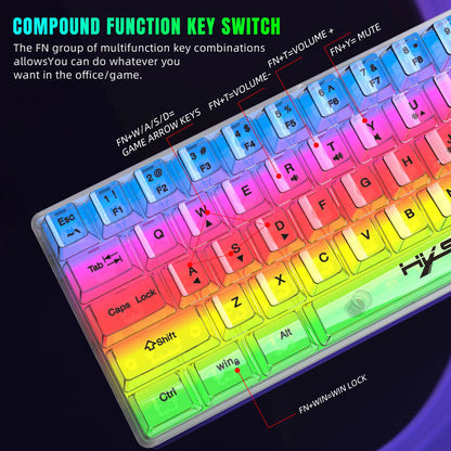 Tastiera gaming trasparente cablata HXSJ 60%, retroilluminazione RGB, ultra-compatta, impermeabile, 61 tasti, per PC/Mac