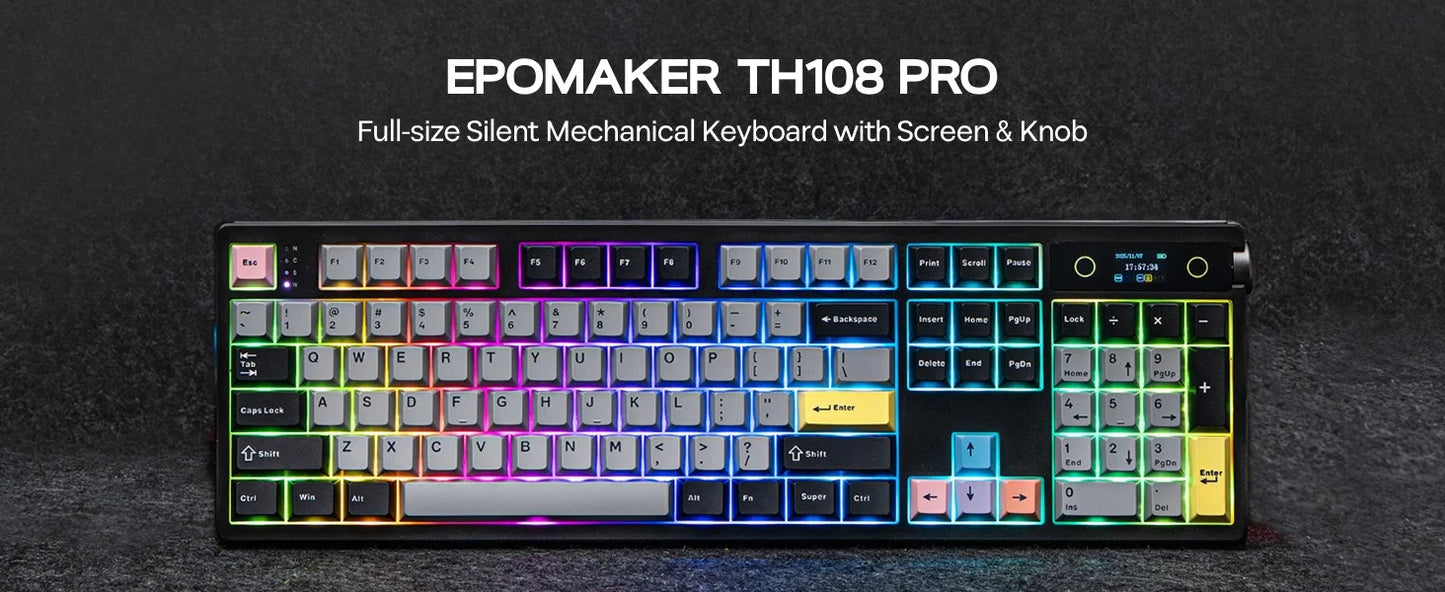 Teclado mecánico EPOMAKER TH108 PRO 100% de tamaño completo, hot-swap, con cable/BT/inalámbrico 2.4Ghz, pantalla y perilla, batería de 10000mAh