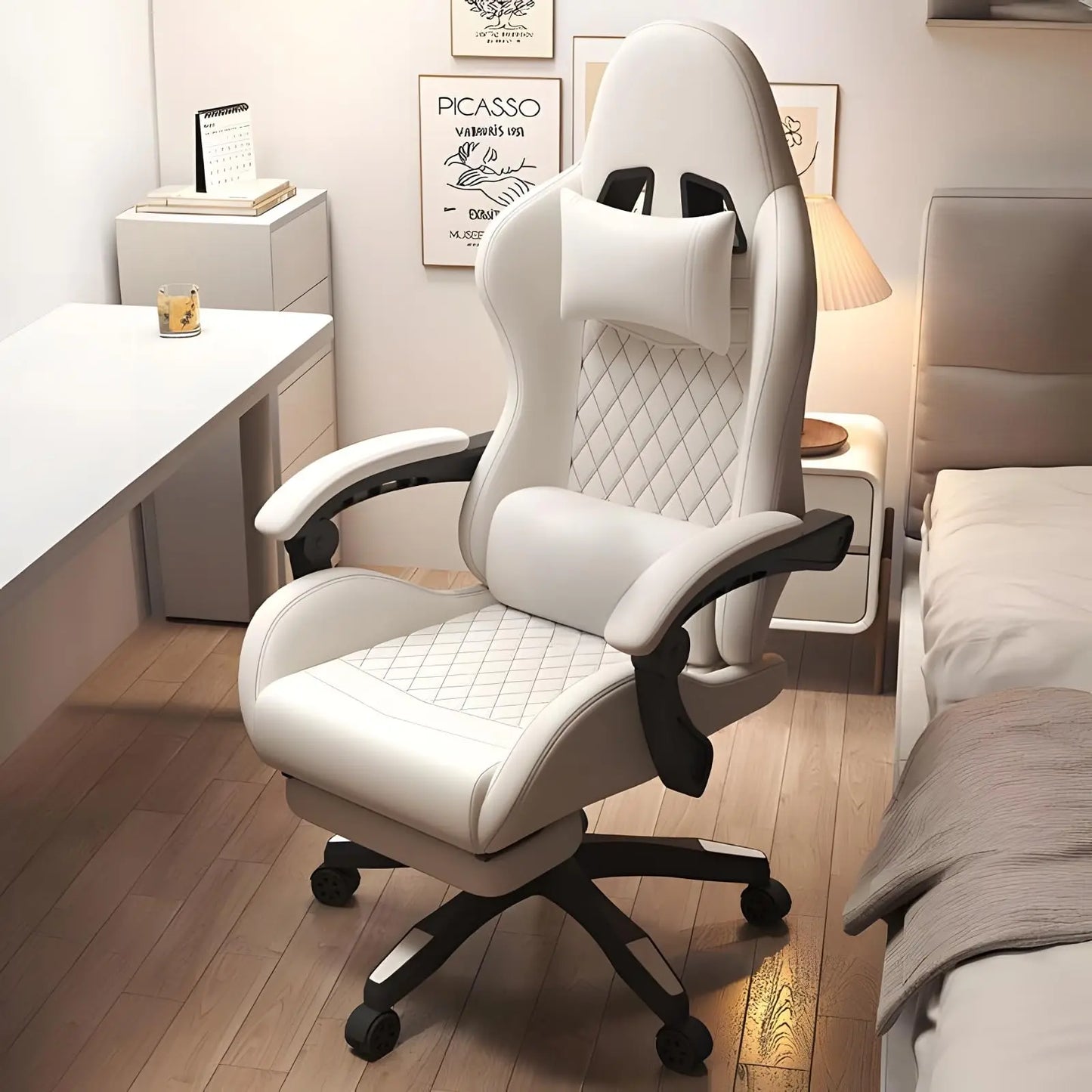 Hestora PU odos didelė ir aukšta žaidimų kėdė, ergonomiška kompiuterio kėdė aukšta atkalte, su pakoju, masažine juosmens atrama suaugusiesiems
