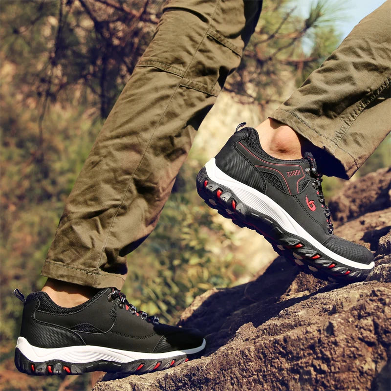 Autumn and Winter Men's Waterproof Hiking Shoes, Outdoor PU Leather Sports Shoes, Wear-Resistant, Walking, Tactical
