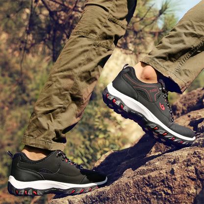 Autumn and Winter Men's Waterproof Hiking Shoes, Outdoor PU Leather Sports Shoes, Wear-Resistant, Walking, Tactical