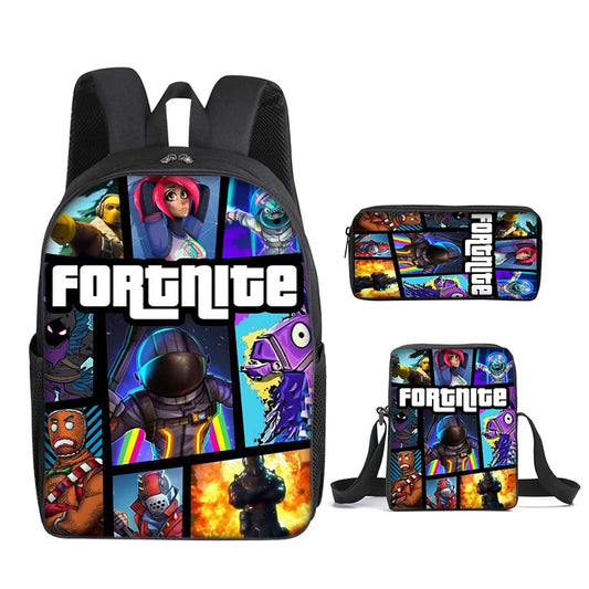 3-teiliges Set Fortnite-Gaming-Rucksack, Anime-Cartoon, große Kapazität, Schultaschen für Schüler, Federmäppchen, Kawaii-Lunchbag, Geburtstagsgeschenke