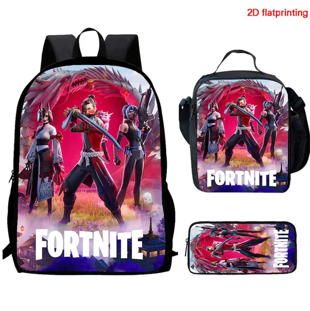 Fortnite Cartoon 3-teiliges Set, großes Fassungsvermögen, geeignet für Jungen und Mädchen von 5-8 Jahren, inklusive Rucksack, Lunchbag und Federmäppchen