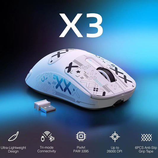 Mouse gaming wireless leggero ATTACK SHARK X3, 49g, tri-mode, sensore PAW3395 da 26K DPI, autonomia di 200h, 5 pulsanti programmabili