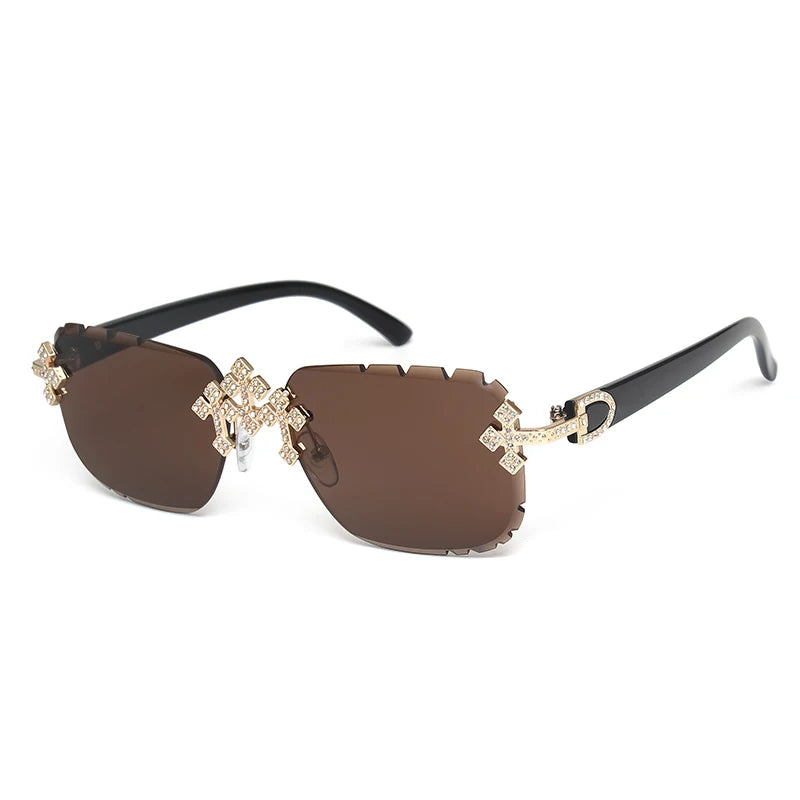 2025 Fashion Square Rimless Sunglasses For Women Cross Diamond Metal Frame Luxury Eyewear Cut Lens UV400 Shades Sun Glasses