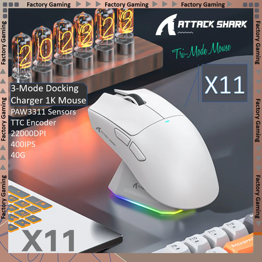 Mouse gaming leggero ATTACK SHARK X11 Tri-Mode con PAW3311,22000DPI,400IPS,40G,59g,ricarica rapida magnetica,retroilluminazione RGB
