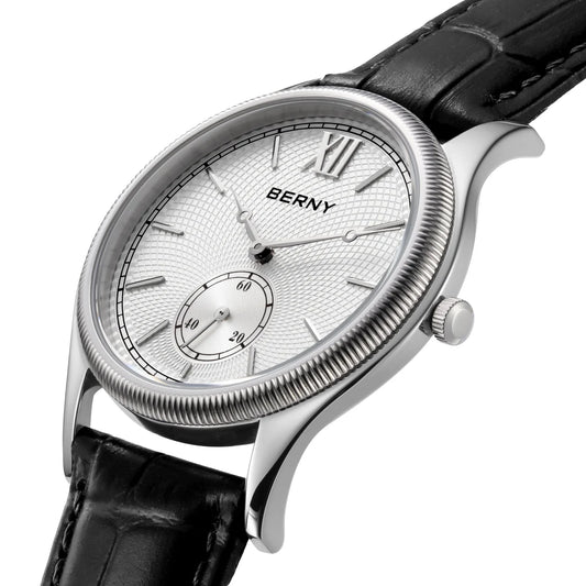 BERNY Men's Watches Luxury Classic Stylish Dress Quartz Watch Slim Stainless Steel Case Elegance Leather Strap Wristwatch