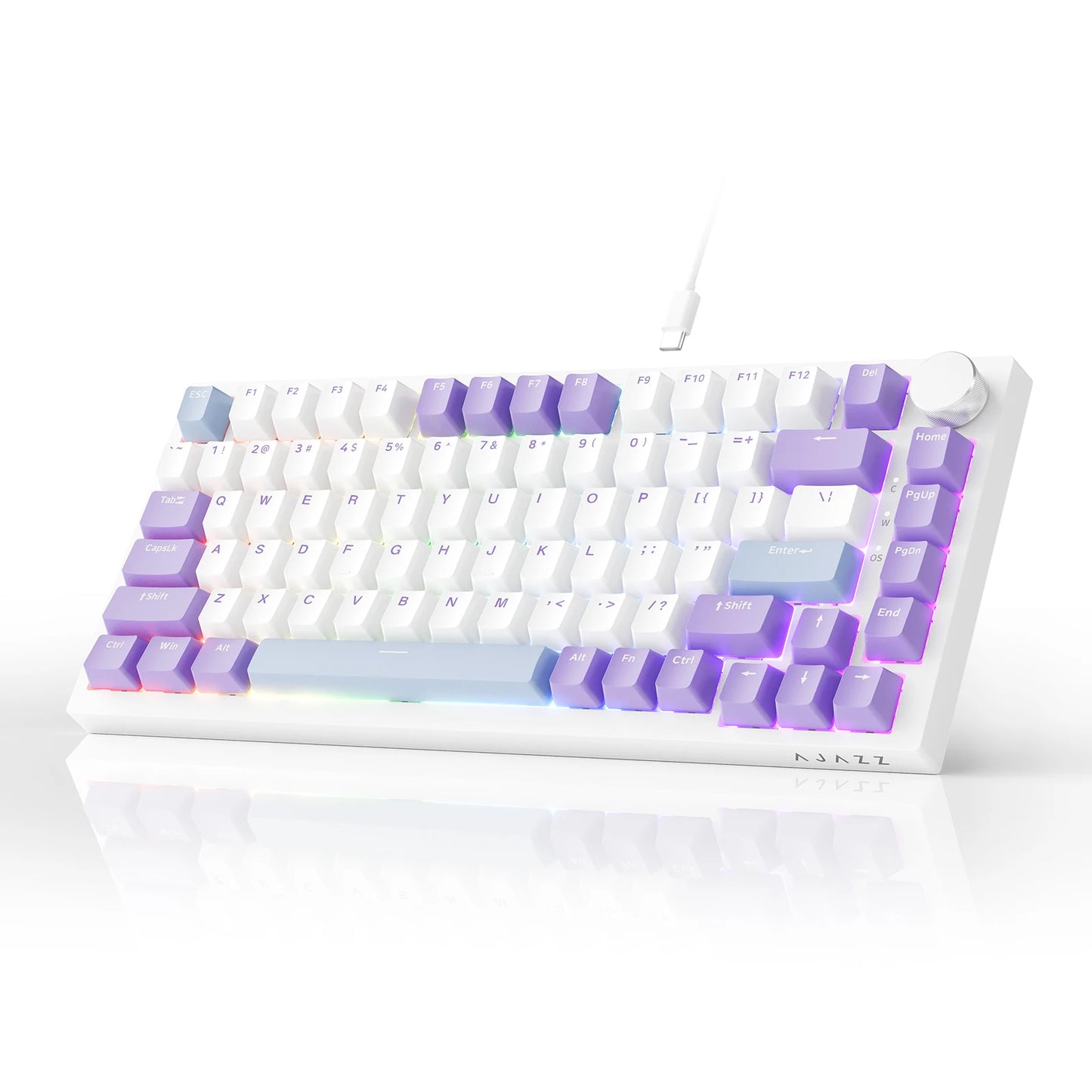 Teclado Mecânico com Fio AJAZZ AK820 75%: Hot-Swappable, Retroiluminação RGB/Branca/Azul-Gelo, Controlo por Botão de Volume | Para Escritório e Gaming