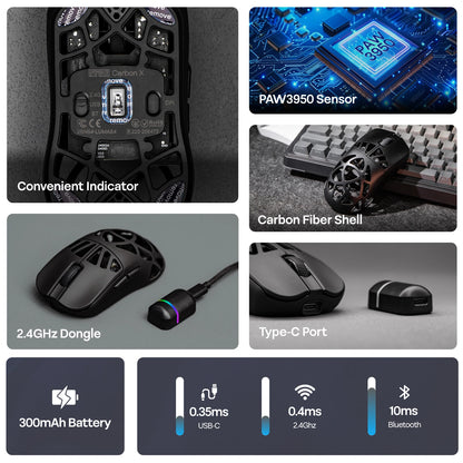 Ratón gaming inalámbrico EPOMAKER Carbon X con cable/2.4G/BT, DPI ajustable de 400 a 30,000, sensor PAW3950 para PC/Mac/Linux