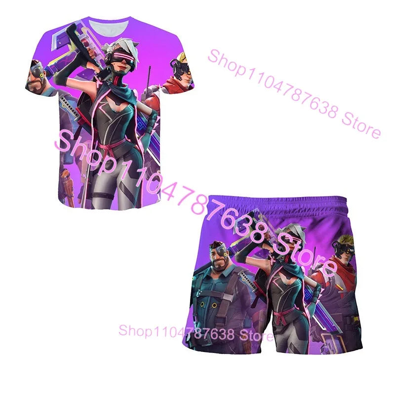2-teiliges Set F-Fortnited Victory 3D-T-Shirt und Shorts für Kinder, Oberteile für Mädchen und Jungen, Battle-Royale-Kleidung, Harajuku-Tees, Hero-Kinder-T-Shirt