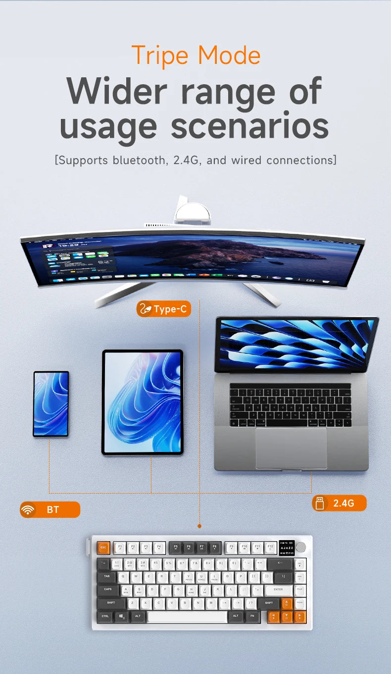 AJAZZ AF82 Low-Profile Electrostatic Keyboard 4000mAh Tri-Mode 75% Type-C Display Screen Keyboard Office Gaming E-sport