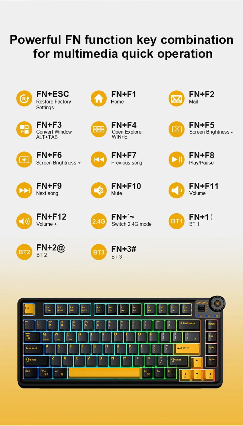 AULA AU75 E-Sports-Gaming-Mechanische Tastatur, Drei Modi, 81 Tasten, PBT-Tastenkappen, Hot-Swap-fähig, RGB, kabellose Tastatur für PC-Desktop und Tippen