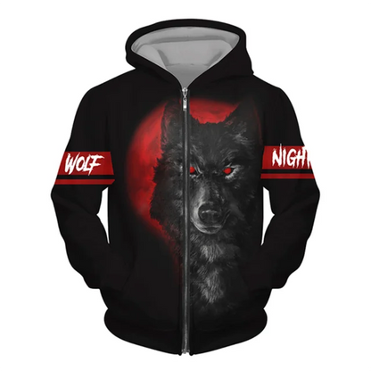 3D Wolf Print Men's Zipper Hoodies Fashion Animal Pattern Top Coat Street Punk Style Oversized Sweatshirts Outdoor Leisure Jackets