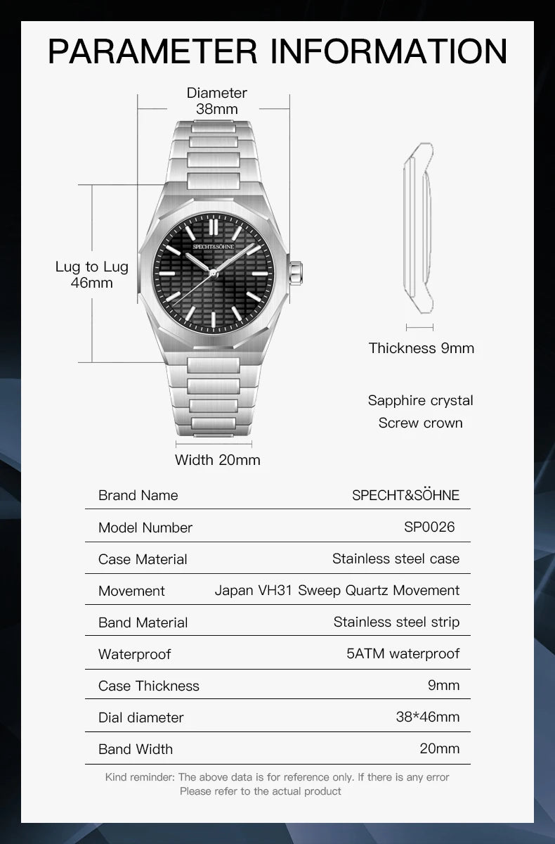 New 2026 Fashion Rare Specht & Söhne Men's Watch Ultrathin 38MM Steel Sapphire Crystal VH31 Quartz Wristwatch