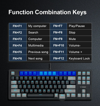 E-YOOSO K620 USB Mechanical Gaming Keyboard Wired Blue Red Switch Monochrome LED Backlit 87 Key for Computer Laptop PC