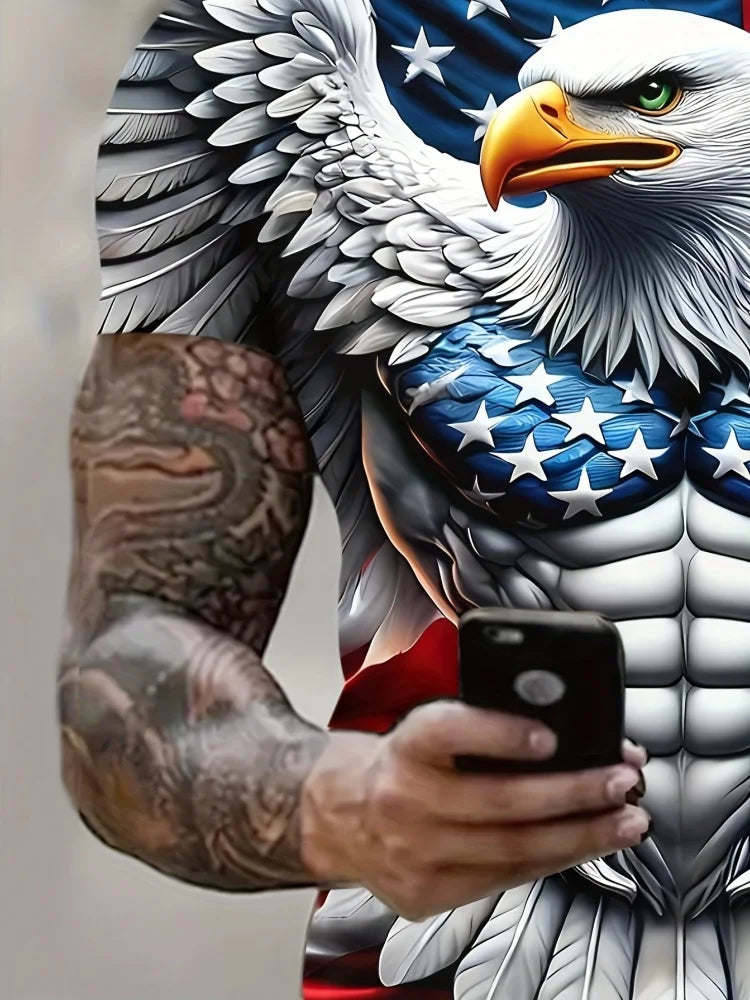 Patriotisches Herren-T-Shirt mit 3D-Adlerprint, lässiger Rundhalsausschnitt, kurzärmeliger Pullover für Sommermode und Outdoor-Aktivitäten, Herrenbekleidung