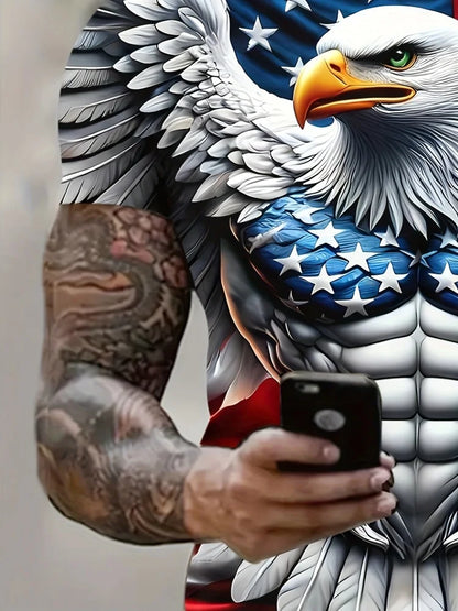 Patriotisches Herren-T-Shirt mit 3D-Adlerprint, lässiger Rundhalsausschnitt, kurzärmeliger Pullover für Sommermode und Outdoor-Aktivitäten, Herrenbekleidung