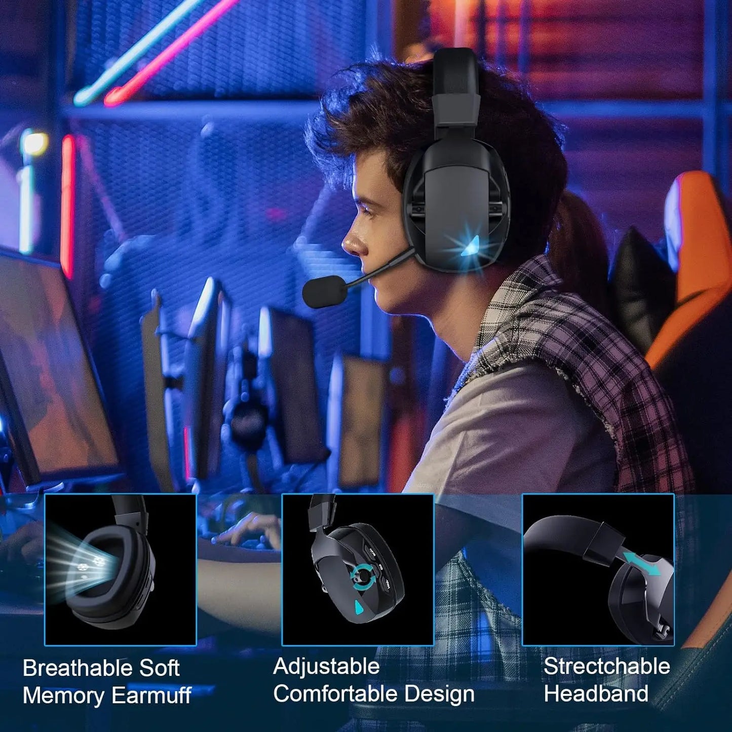 Acinaci 2.4GHz kabelloses Gaming-Headset für PS5 PS4 PC Switch – Bluetooth-Gaming-Kopfhörer mit Mikrofon, tiefem Bass und Ohrpolstern aus Memory-Schaum