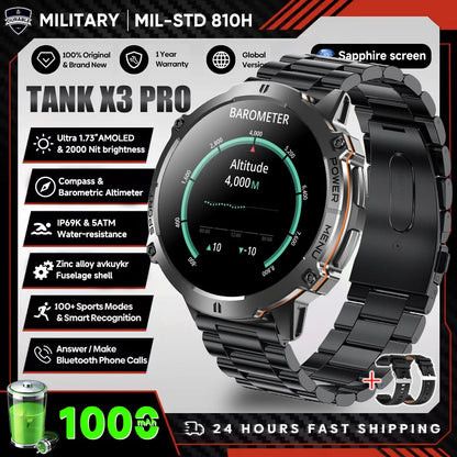 2026 New Military TANK X3 Smartwatch für Herren, 1000mAh Akku, 10ATM wasserdicht zum Schwimmen, GPS-Route, 1.75" AMOLED HD, Anrufe, Sport-Smartwatch