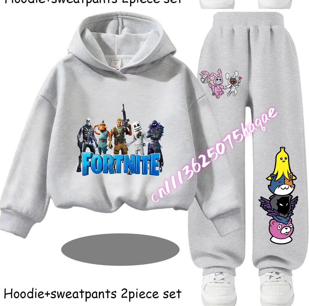 Fortnite-bedruckte Kinder-Hoodies, Cartoon-Design, bequemes 2-teiliges Set, locker sitzende Langarm-Oberteile mit Hose, Herbst-/Winterkleidung, Geschenk