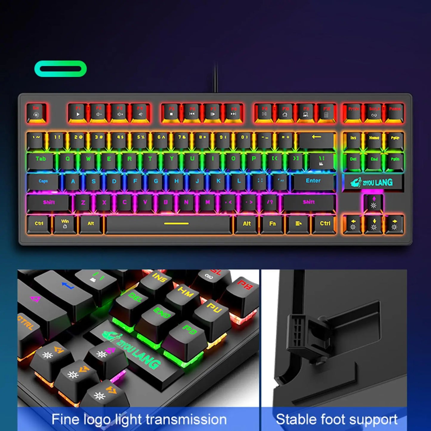 USB Mechanical Gaming Keyboard, Anti-ghosting Detachable Panel, Rainbow Backlit, Gamer for Gaming Computer Desktop PC Compact