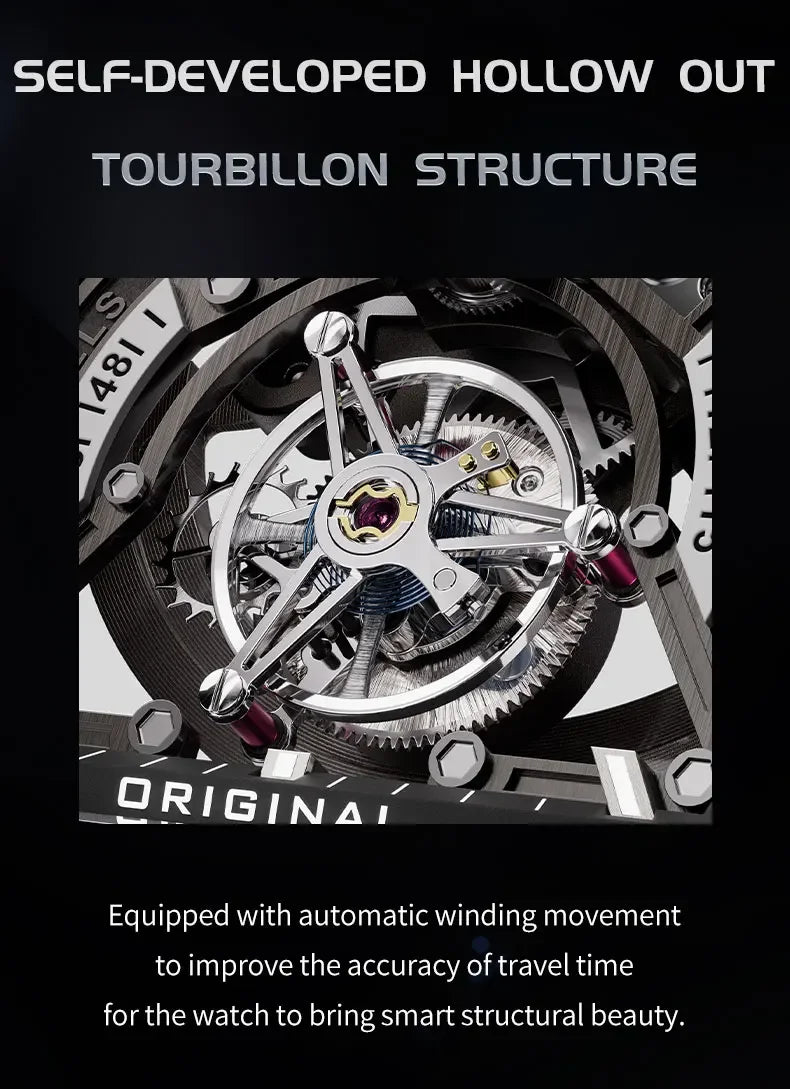 BONEST GATTI Men Automatic Mechanical Watch Skeleton Dial Sapphire Crystal Fluororubber Strap Waterproof Luminous Business watch