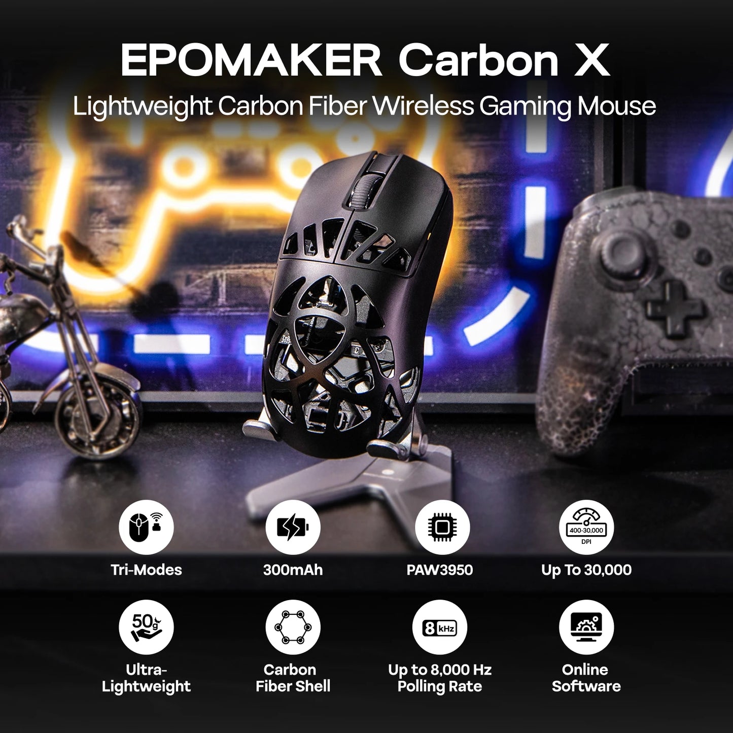Ratón gaming inalámbrico EPOMAKER Carbon X con cable/2.4G/BT, DPI ajustable de 400 a 30,000, sensor PAW3950 para PC/Mac/Linux